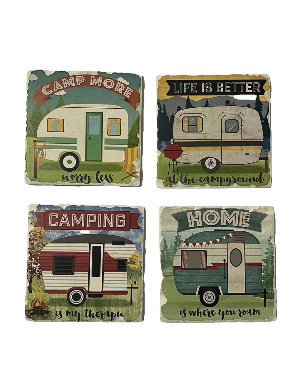 Camping Outdoors Themed Tumbled Stone Coasters Coasters Set of 4 New